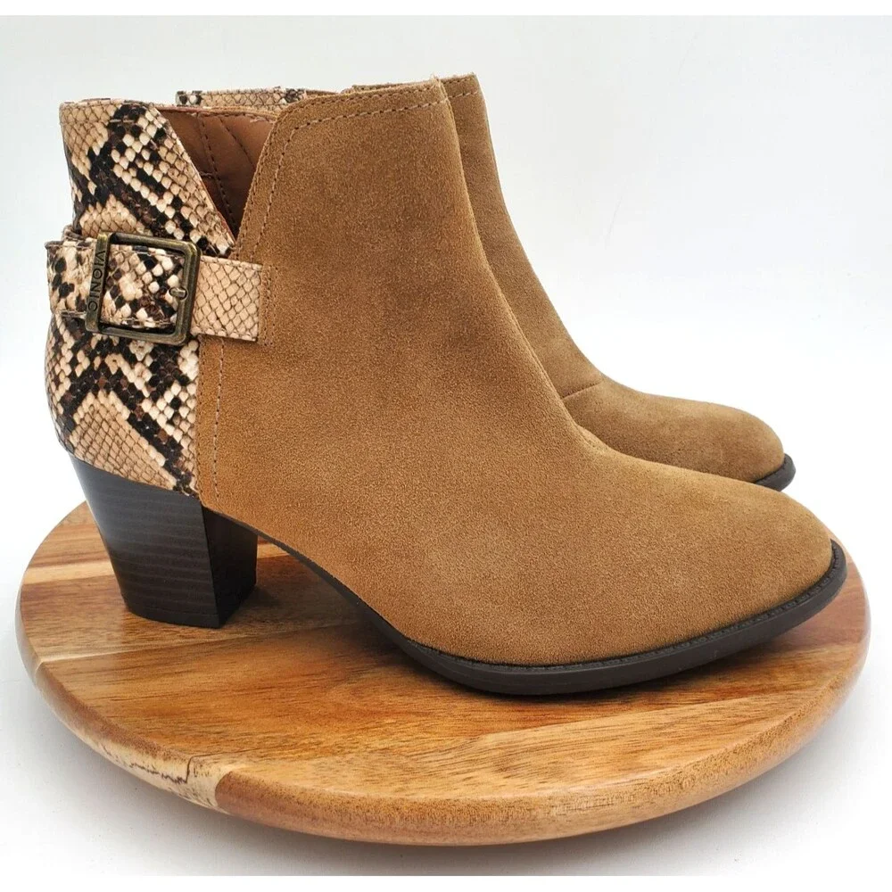 New Vionic Ankle Boots Women’s 7 Brown Suede Leather Zip Booties Snake Orthotic